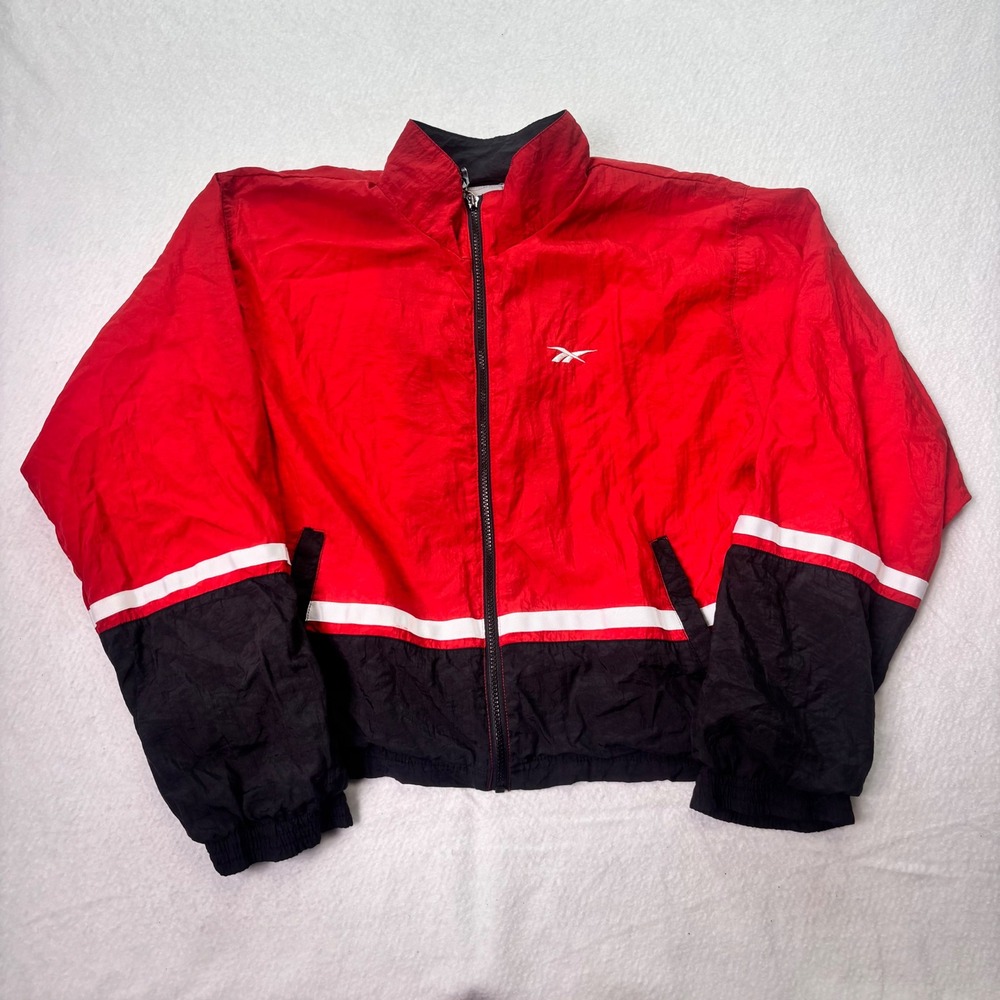 90s Vintage Reebok Windbreaker Jacket Mens XL Red Black Colorblock Full Zip